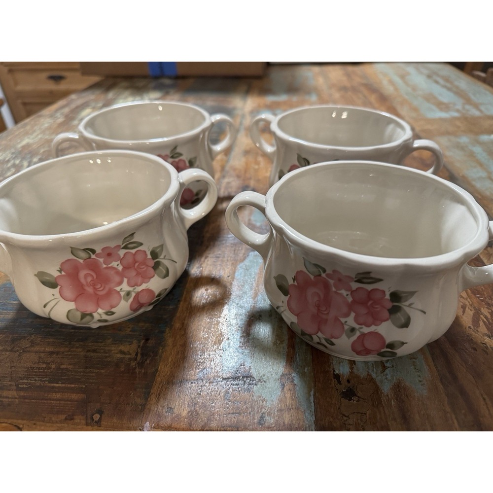 Set of 4 Gibson Roseland Soup Chowder Bowls - Pink Roses - Double Handle - 20 oz